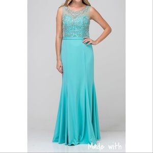 Tara Tiffany Blue Lace Beaded Long Formal Prom Gown Dress